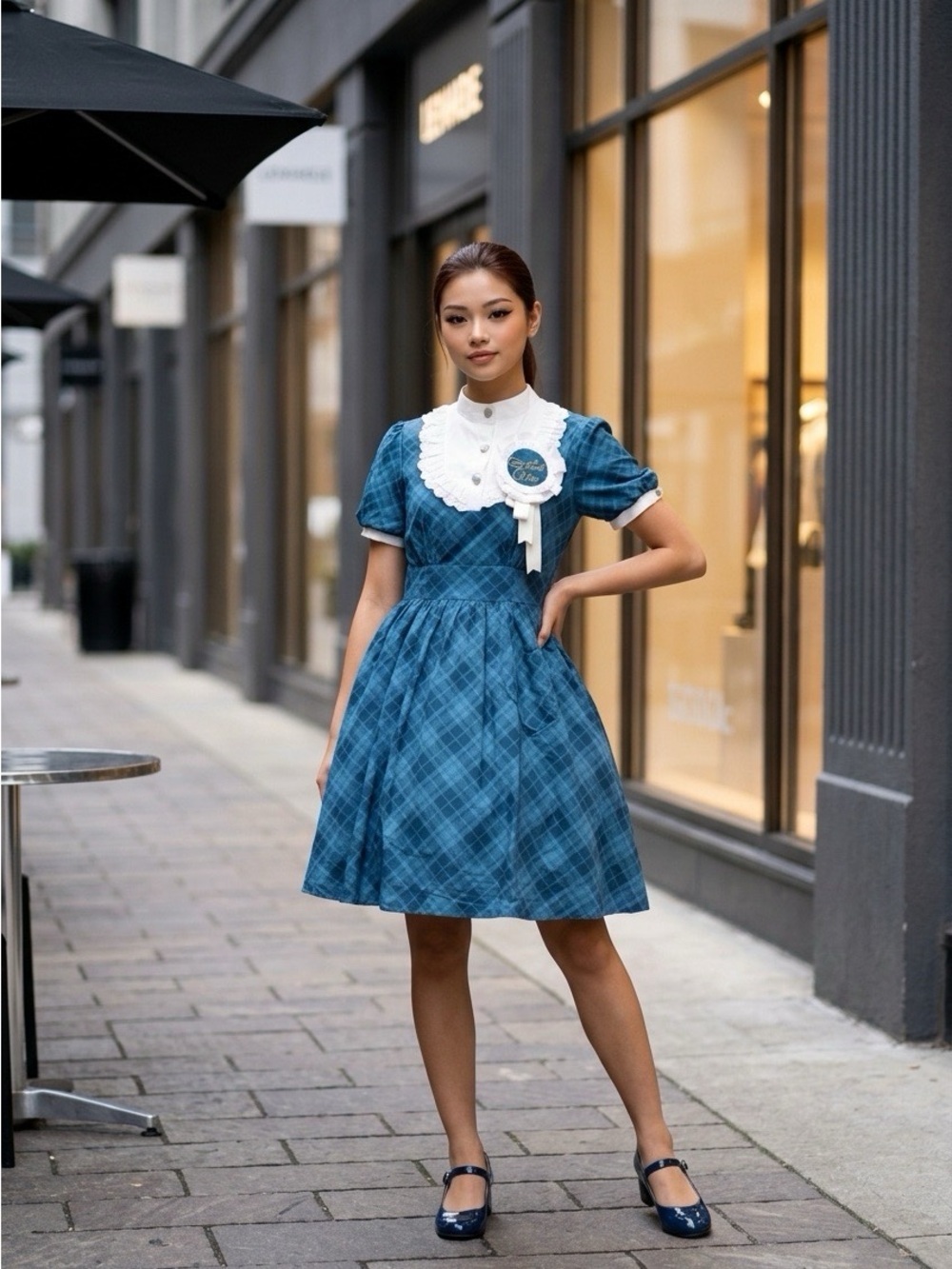 2186 - Blue Plaid Vintage Dress with White Lace Collar (Crinoline Not included) - Picture 1 of 12